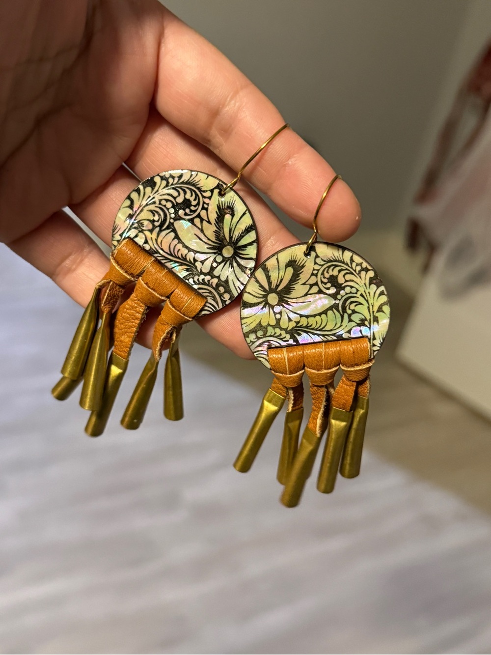 Lula Stone Handcrafted Floral Wood & Leather Fringe Earrings